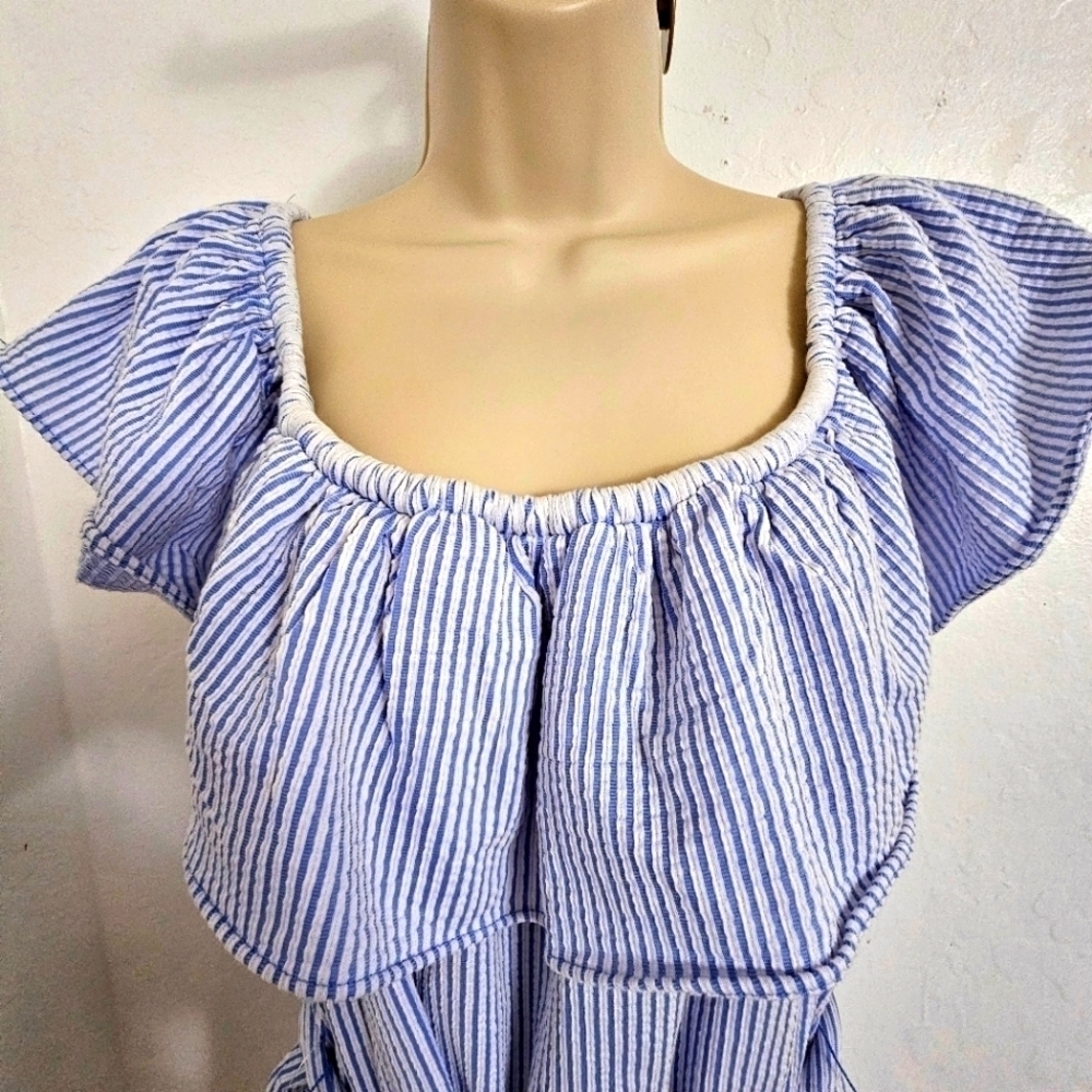 NWT MICHAEL KORS Womens Blue Striped Elastic Waist Off shoulders sleeve 1X - Picture 5 of 9